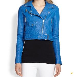SIZE M Michael Michael Kors Crinkled Leather Cropped Moto Jacket In BLUE JAY